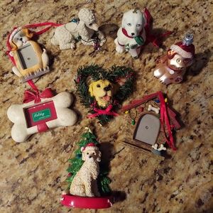 Dog Ornaments. No sign of wear. Most never used. 3 picture frame ornaments